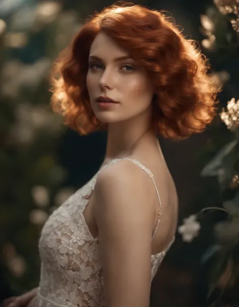 photoshoot of deborahWolf1, (redhair), (short hair cut), , detailed skin texture, (blush:0.2), (goosebumps:0.3), (white floral dress), subsurface scattering, Photorealistic, Hyperrealistic, Hyperdetailed, analog style, hip cocked, demure, detailed skin, ma...