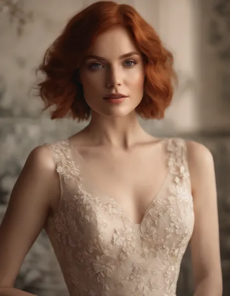 photoshoot of deborahWolf1, (redhair), (short hair cut), , detailed skin texture, (blush:0.2), (goosebumps:0.3), (white floral dress), subsurface scattering, Photorealistic, Hyperrealistic, Hyperdetailed, analog style, hip cocked, demure, detailed skin, ma...