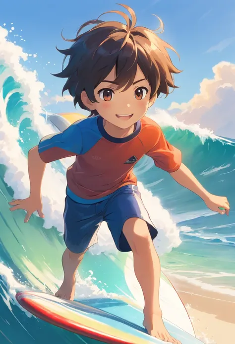 Little boy surfing，Smooth hair，happy grin，largeeyes，rays of sunshine，sandbeach，swell sea，The picture is exquisite，plethora of colors