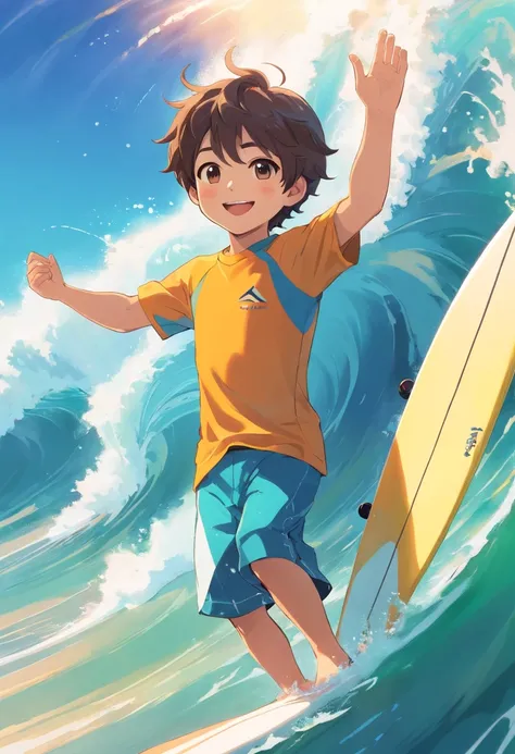 Little boy surfing，Smooth hair，happy grin，largeeyes，rays of sunshine，sandbeach，swell sea，The picture is exquisite，plethora of colors