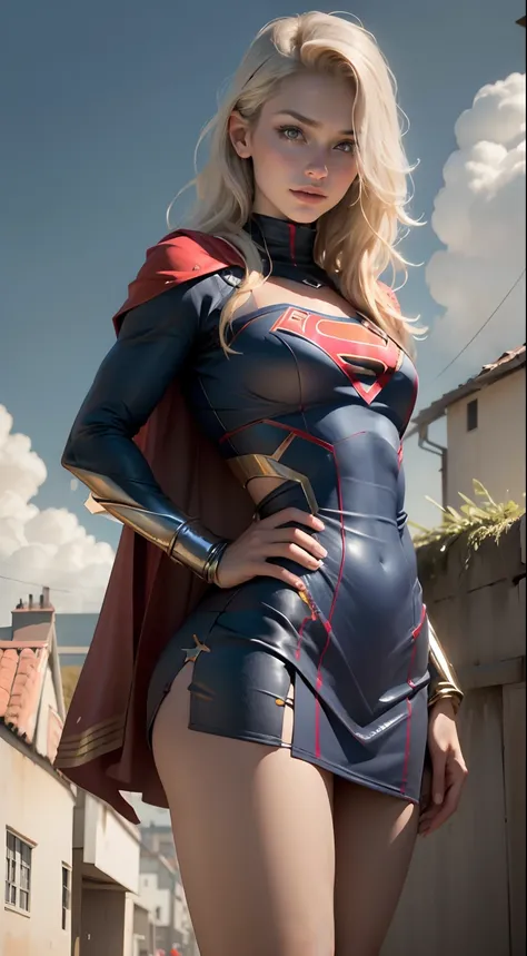 (best quality)), ((master part)), ((Realistic)), (circunstanciado), Rosto detalhado,Supergirl Mulher bonita (20 anos, longos cabelos loiros, olhos azuis) corpo definido, circunstanciado, Wearing Supergirl Suite Cosplay Tube Dress,(((Seios enormes))), One h...