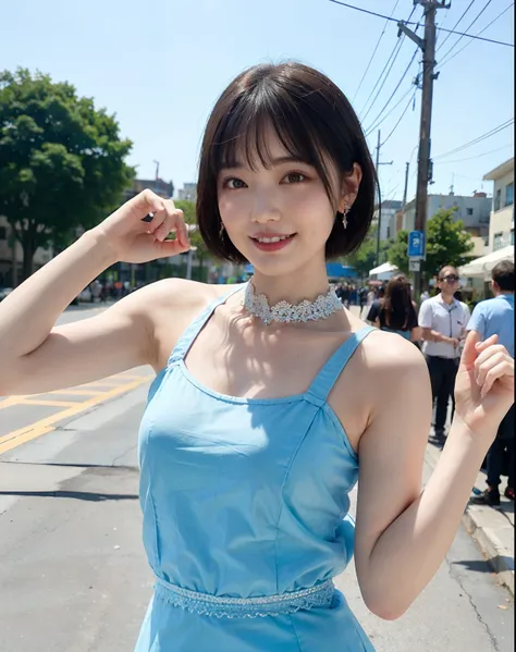 a woman posing on the street corner with light blue dress on, best quality, 1girl, large breasts, day, bright, blur background, bokeh, outdoor, (street:0.8), (people, crowds:1), (lace-trimmed dress:1.5, sleeveless dress, light blue clothes, light blue high...