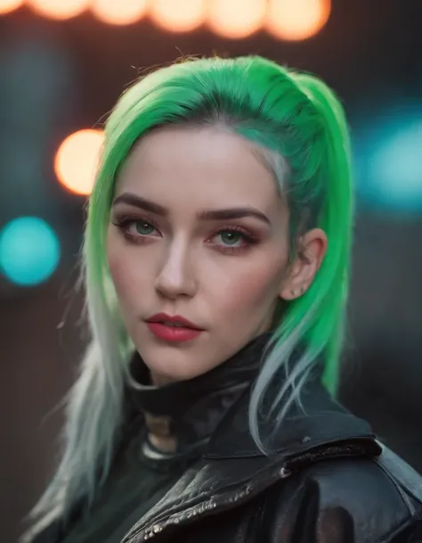 extreme closeup portrait of beautiful (80s cyberpunk:1.3) woman (ChloeNobodySD15) neon green hair pigtails lips pressed (serious:1.2) look (bright side light rim light:1.2) net runner jacket deep dark shadows dramatic camera angle high contrast color gradi...