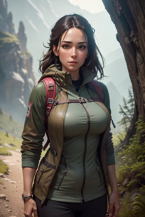 beautiful, 38 year old woman, standing on the trail and looking straight ahead into the lens, hiker, artstation trend, flirtatious look, expressive face, focus, outdoor photo, intricate details, very detailed, author: greg rutkowski