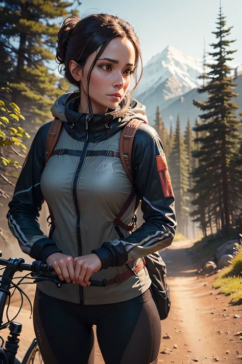 beautiful 38 year old woman, standing on the trail by the bike and looking straight ahead into the lens, hiker, artstation trend, enticing look, expressive face, focus, outdoor photo, intricate details, very detailed, author: greg rutkowski