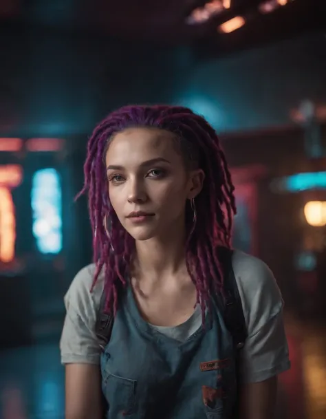 A photo of a female with vibrant purple dreadlocks, dressed in a futuristic t-shirt and ripped jeans. The dynamic lights and energy of the arcade floor enhance the overall composition. Epic character composition, sharp focus, and natural lighting. The subs...