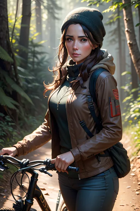 beautiful 38 year old woman, standing on the trail by the bike and looking straight ahead into the lens, hiker, artstation trend, enticing look, expressive face, focus, outdoor photo, intricate details, very detailed, author: greg rutkowski