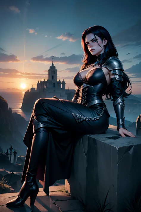 Personagem feminina ruiva de cabelo laranjado e curto, gothic armor, Own, on top of a raised stone in a challenging position, arms crossed with a grave facial expression, cor azul dos olhos, Own, manto, capuz, dramatic scene, Torre do Mago, entardecer, mag...