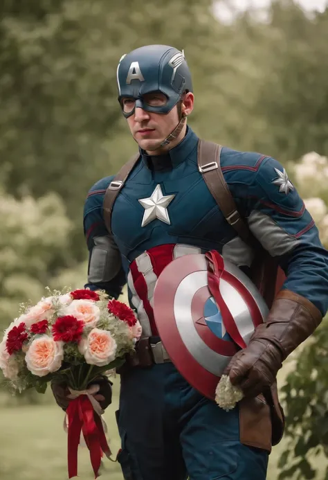 Captain America, holding a bouquet, cry in the wedding, wedding in beautiful garden, romantic