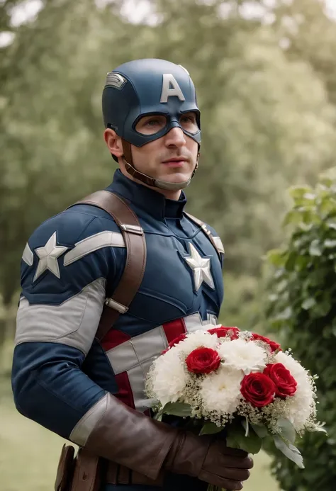 Captain America, holding a bouquet, cry in the wedding, wedding in beautiful garden, romantic