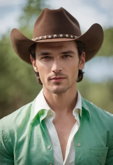 dark-haired man in a hat and white shirt, green cloth in the background, vibrant colors, in the style of ultrafine detail, high quality photo,cowboy shot