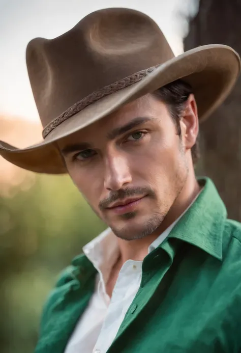 dark-haired man in a hat and white shirt, green cloth in the background, vibrant colors, in the style of ultrafine detail, high quality photo,cowboy shot