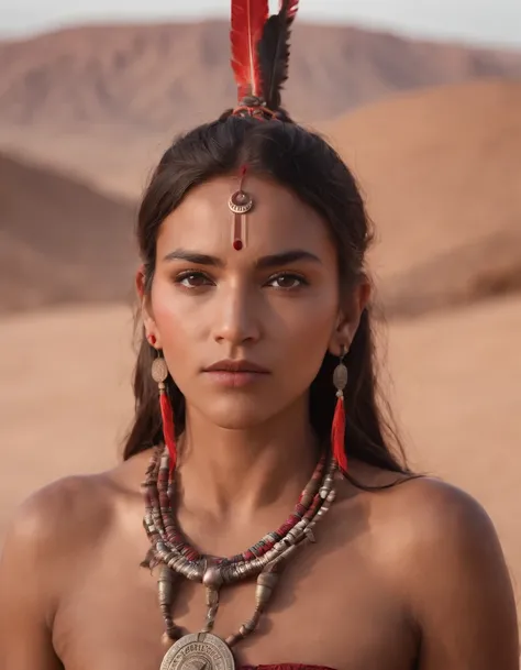 (8k, best quality, masterpiece, ultra highres:1.2),native american tribe warrior, red ancient shirt, full body shot, paint face,strong, gazing eyes, highly detailed face, cinematic still, desert background, deep depth of field, bokeh effect, wide angle