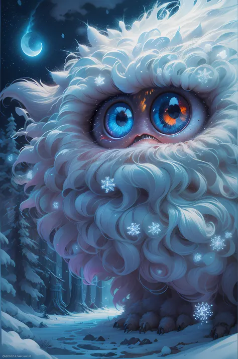 ultra highly detailed, triadic colors, cinematic, 32k, luminism, detailed oil painting by Dorian Vallejo, Damian Lechoszest, Todd Lockwood, cgsociety, storybook illustration, close up nightmare cute and vivid furry snow monster in the snowy forest, extreme...