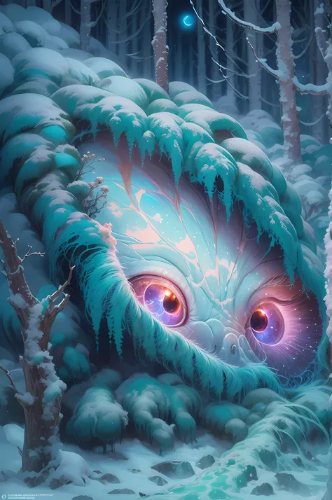 ultra highly detailed, triadic colors, cinematic, 32k, luminism, detailed oil painting by Dorian Vallejo, Damian Lechoszest, Todd Lockwood, cgsociety, storybook illustration, close up nightmare cute and vivid furry snow monster in the snowy forest, extreme...