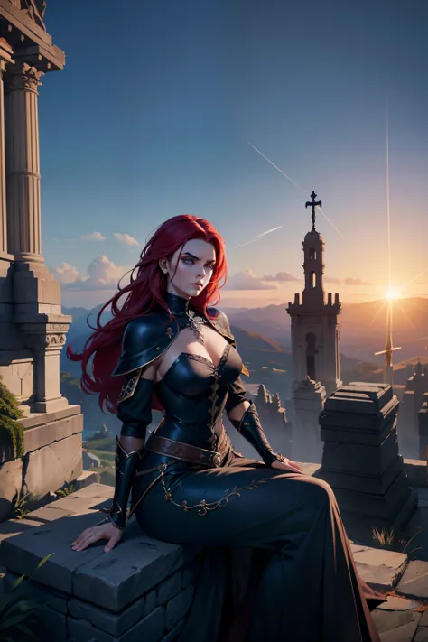 Personagem feminina ruiva de cabelo laranjado e curto, gothic armor, Own, on top of a raised stone in a challenging position, arms crossed with a grave facial expression, cor azul dos olhos, Own, manto, capuz, dramatic scene, Torre do Mago, entardecer, mag...