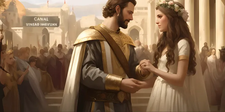 imagem arafed de um homem e uma mulher em um vestido de noiva, Tuomas Korpi e Wlop, Ledmund Leighton, Graphic artist Magali Villeneuve, Charlie Bowater e Artgeem, inspirado em Magali Villeneuve, Magali Villeneuve», vestidos com roupas romanas, granting him...