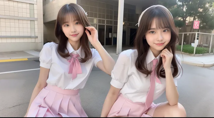 18-year-old high school girl in white shirt and pink miniskirt uniform