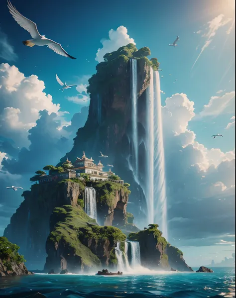 a highly detailed scene Where a lots of islands float in the sky, waterfall, vast sea, birds, sink in water ,  8k, octane render, Intricate hyperdetails, Symmetrical, giant bright nebule and vault of heaven in the background