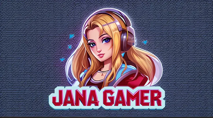 A blonde woman with dark brown eyes with headphones on her head, com o nome no logo "Jana Gamer", Avatar de videogame, imagem do avatar, foto de perfil do discord, Streamer do Twitch, avatar para o site, logotipo do jogo, foto de perfil 1024px, fanart de v...