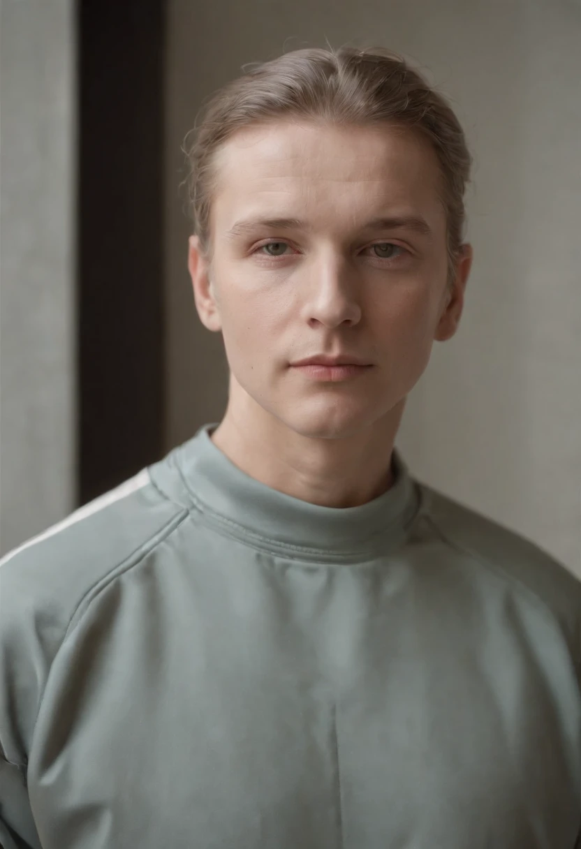 tracksuit, in the style of dusseldorf school of photography, pensive portraiture, kodak portra, Rafal Olbinski, jean nouvel, photo taken with provia, silver,upper body