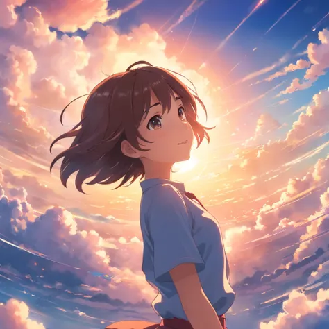 masterpiece, best quality, movie still, 1girl, cloud girl, floating in the sky, close-up, bright, happy, warm soft lighting, sunset, (sparks:0.7)