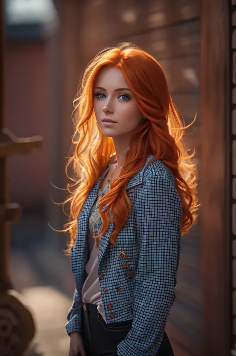 Full Body beautiful orange-haired, blue - eyed young woman in stylish clothing looking away from the camera, with perfect lighting and composition, captured by a professional photographer using a high-end camera for photorealistic quality and intricate det...