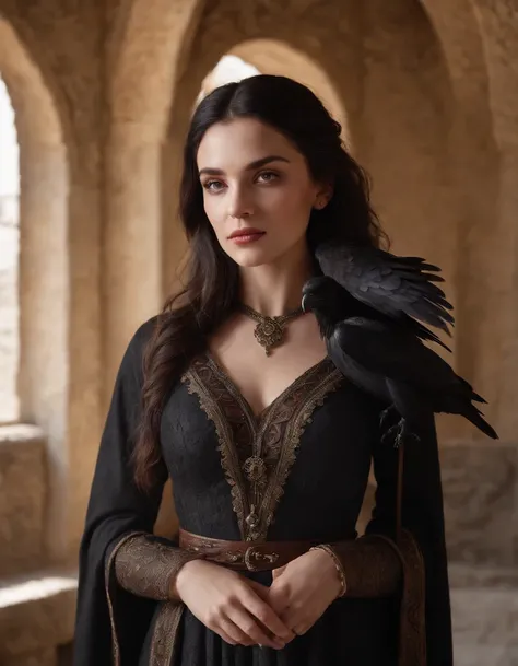 photo, zrpgstyle, medieval portrait fantasy evil wizard girl black hair with (raven:1.3) familiar glorious elaborate ornate dark robes standing in a detailed luxurious stone castle Game of Thrones Hogwarts bright morning light from window, (masterpiece:1.2...