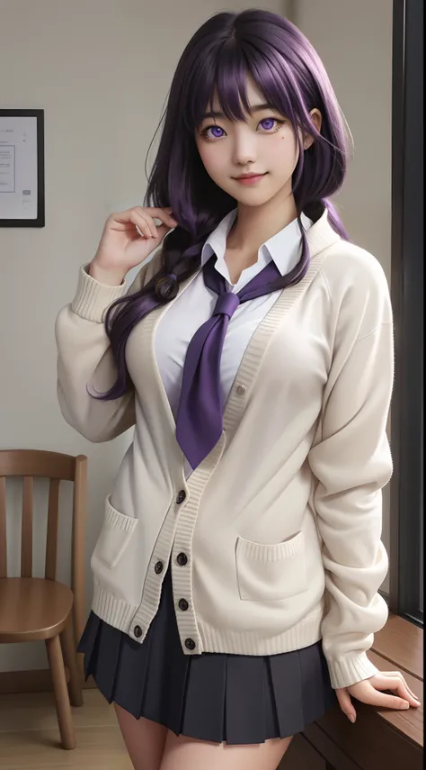 Nagisa Kubo, long hair, black sailor collar, school uniform, purple hair, purple eyes, white shirt, red scarf, black pleated skirt, serafuku, (brown cardigan:1.1), open cardigan, long sleeves, one side up, indoors, bob cut, (large breasts:1.2), BREAK outdo...