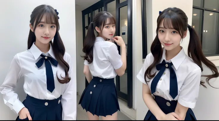 18-year-old high school girl in navy blue miniskirt and white shirt with buttons（Twin-tailed）