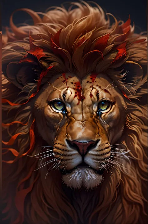 please create a lions head cut off and oozing blood, vista lateral, imagem realista com detaliamento maximo, qualidade superior, nitidez maxima, 8k, imagem cinematografica