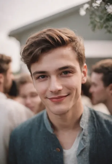 realistic photo, a young men smiling at a party, photography taken with flash, white background white wall of home portrait analog photography, grain film, vintage photo, in the style of lo-fi aesthetics，upper body