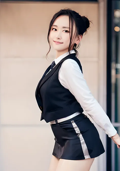 rialistic photo、Top image quality、arafed asian woman in a black and white dress posing for a picture, Ultra mini skirt、flaxen ponytail、summer clothing、Summer clothes OL、Sexy ass、Girl in suit, Girl in a suit, Wearing a business suit, Wearing a business suit...