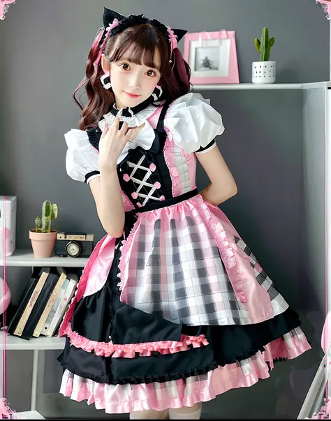 Close up portrait of woman in pink and black dress, Lolita style, maid dress, Lolita Fashion, maid clothes, cosplay of a catboy! maid! Dress, rococo ruffles dress, anime girls in maid costumes, Belle Delphine, style of magical girl, Cute anime waifu in a n...