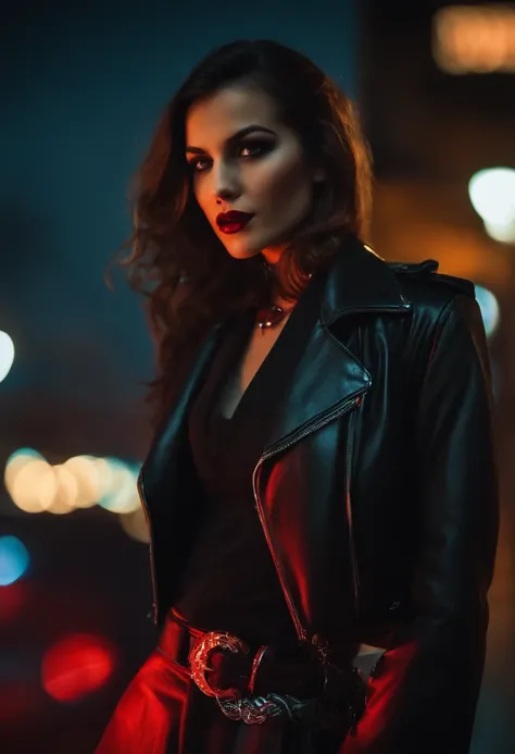 Vampire with fangs, girl, at night, brunette, futuristic city, neon lights, coloured rim lighting on girl, long leather coat, belt with silver buckle, v neck top, silver necklace pendant with red stone, steam in background, full length shot, pistol in hand...