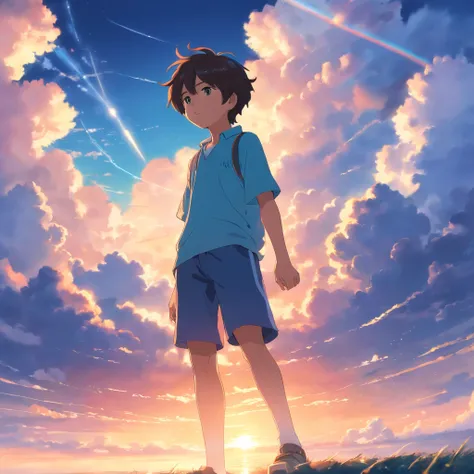 Masterpiece, Best Quality, Movie Stills, 1boy, Cloud Boy, Floating in the Sky, Close-up, Bright, Happy, Warm Soft Light, Sunset, (Sparkle: 0.7)