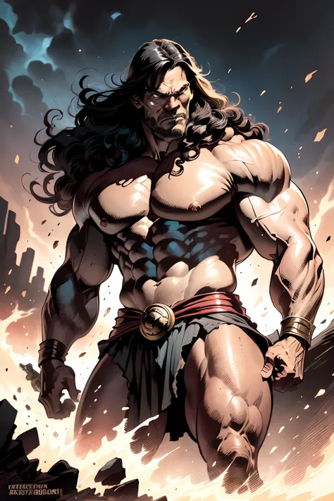 Conan, the Barbarian, cabelos longos negros, olhar selvagem, Athletic Physique, vestido com uma tanga feita de pele de urso, mantida por um cinto ornado de metal, in his hands an axe and a sword, pose distinta pronto para travar a sua maior batalha contra ...