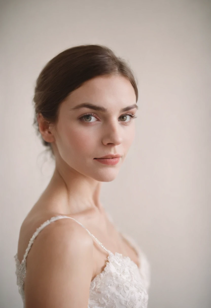 realistic photo, portrait of a woman at a party, photography taken with flash, white background white wall of home portrait analog photography, grain film, vintage photo, in the style of lo-fi aesthetics