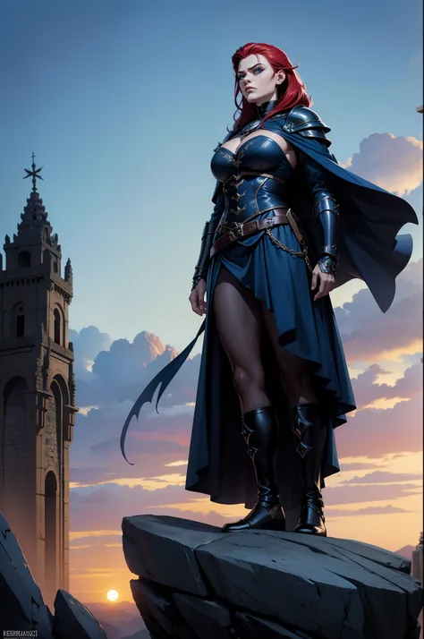 Personagem feminina ruiva de cabelo laranjado e curto, gothic armor, Own, standing on top of a raised stone in a challenging position with a serious facial expression, cor azul dos olhos, robe, manto, capuz, dramatic scene, Torre do Mago, entardecer, magni...