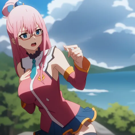 anime screencap,anime coloring,
1girl, long hair, solo, pink hair, eyelashes, open mouth, detached sleeves, outdoors, skirt, thighhighs, hair rings, sky, clenched hands, day, hair ornament, cloud, breasts, bare shoulders, bando, zero two, uniform, military...