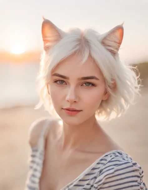 Coastal beauty, 1girl in a charming nautical outfit, (fluffy cat ears, short white hair), striped shirt, (bright eyes, sun-kissed skin, carefree expression), sandy beach background, lighthouse, gentle sea breeze, playful pose, dynamic composition, golden h...