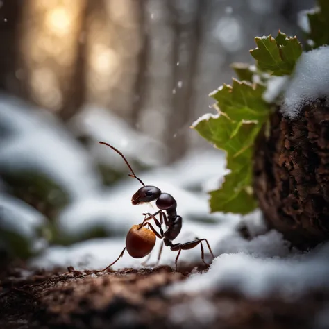 an ant holding an acorn in the snowy forest