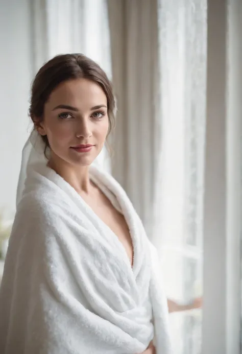 In the style of intimate editorial photography, medium shot, photography, Nikon d850, woman looking out a window, relaxing and smiling dressing a towel, inside a room with picture window, natural lightning of a cloudy day, romantic, relax.