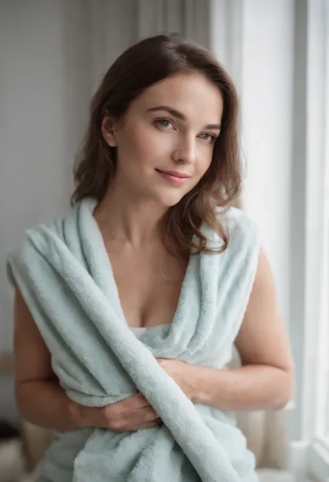 In the style of intimate editorial photography, medium shot, photography, Nikon d850, woman looking out a window, relaxing and smiling dressing a towel, inside a room with picture window, natural lightning of a cloudy day, romantic, relax.