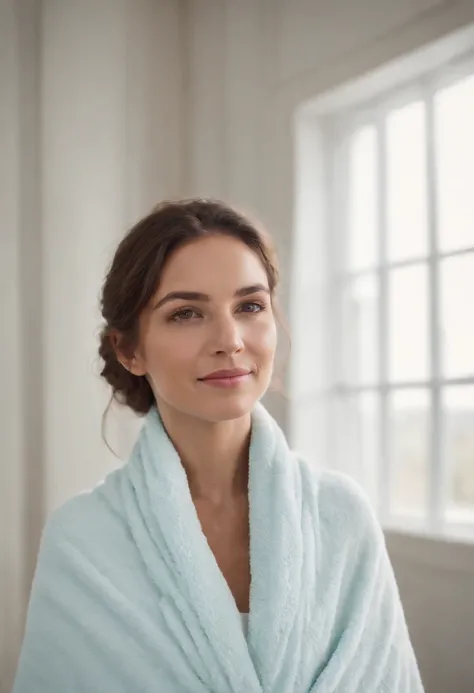 In the style of intimate editorial photography, medium shot, photography, Nikon d850, woman looking out a window, relaxing and smiling dressing a towel, inside a room with picture window, natural lightning of a cloudy day, romantic, relax.