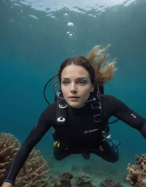 abyssal, the reef, diving, Wetsuit, in weightlessness, ((Best quality, 8K, Masterpiece: 1.3)), Women, The long-haired, underwater photography, Underwater perspective, Underwater levitation, breaststroke,(eyes closed),