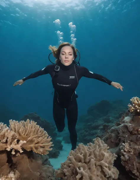 abyssal, the reef, diving, Wetsuit, in weightlessness, ((Best quality, 8K, Masterpiece: 1.3)), Women, The long-haired, underwater photography, Underwater perspective, Underwater levitation, breaststroke,(eyes closed),