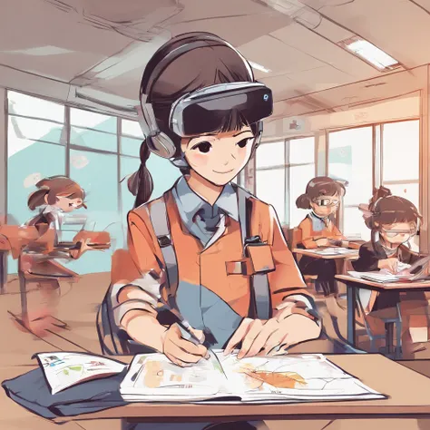 Depict a bright classroom，Full of technology atmosphere。Students in the classroom can use VR glasses for virtual reality learning，They can explore a variety of scenarios and knowledge in an immersive way。ao mesmo tempo，There are also students drawing carto...