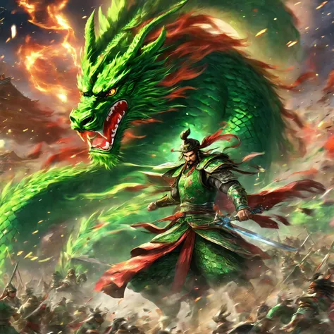 Dynasty warriors,Guan Yu rode a red horse through the field, Sultan Mohammed style, first person, Perspective,The huge green dragon knife slashed at the audience,The green dragon invited the moon knife， Knife with translucent fluorescent green dragon, Exag...