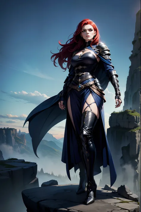 Personagem feminina ruiva de cabelo laranjado e curto, gothic armor, Own, standing on top of a raised stone in a challenging position with a serious facial expression, cor azul dos olhos, robe, manto, capuz, dramatic scene, Torre do Mago, entardecer, magni...